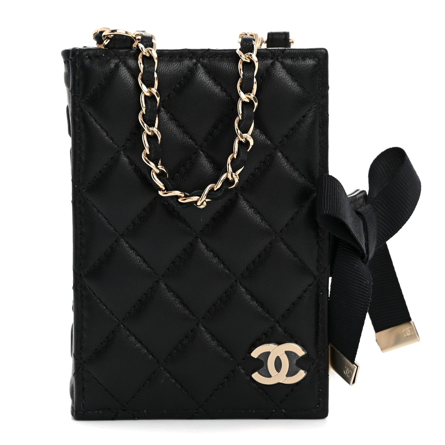 Lambskin Quilted Book Card Holder on Chain Black