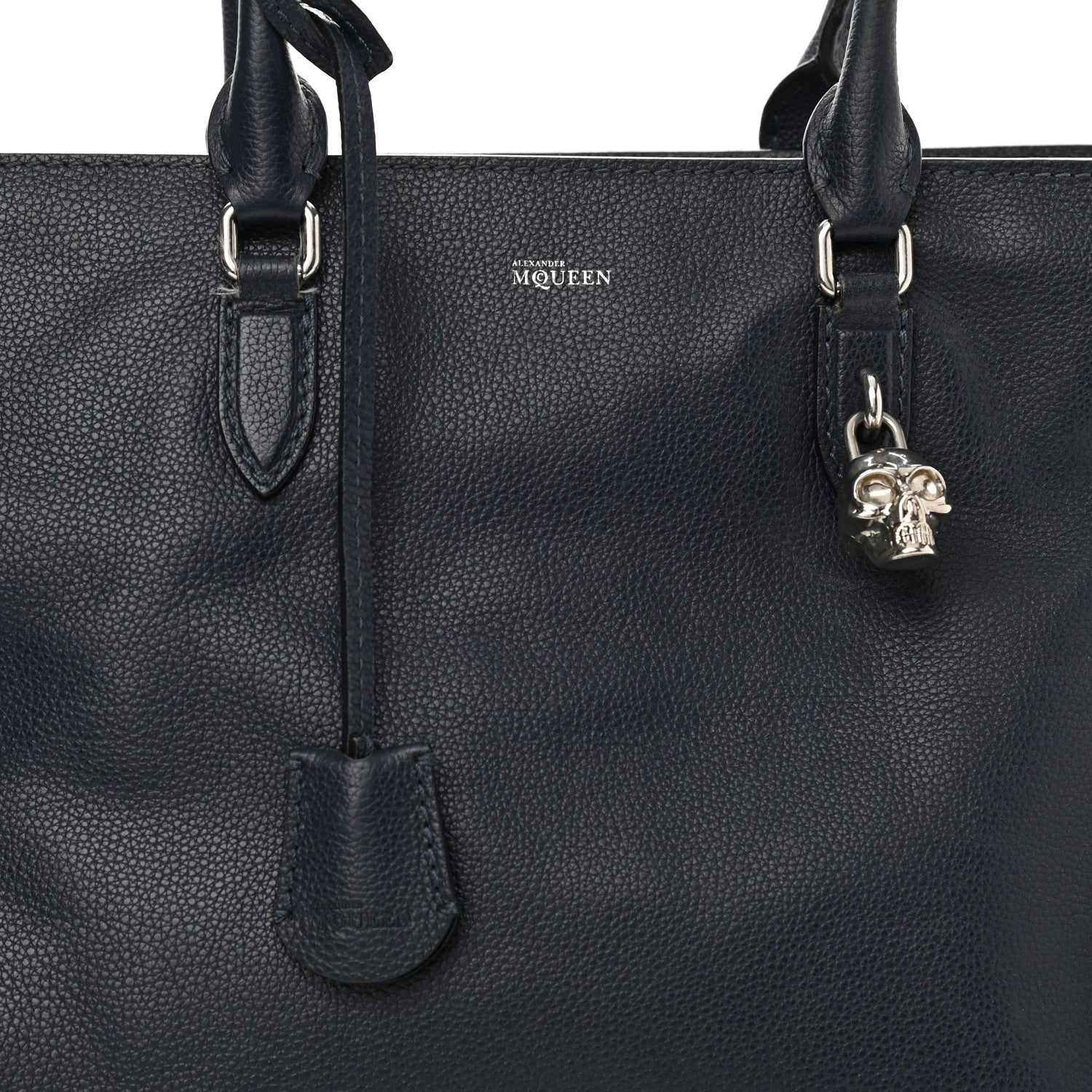 Alexander McQueen Pebbled Calfskin Large Skull Padlock Zip Around Tote Navy 8 of 15