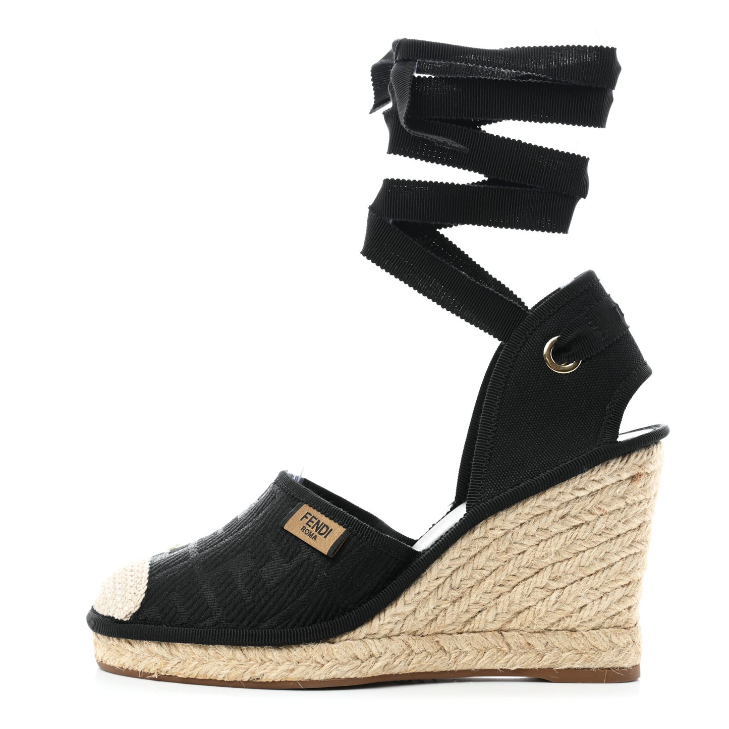 Canvas FF Embroidered Roma Ankle Wrap Wedge Espadrilles 36 Black