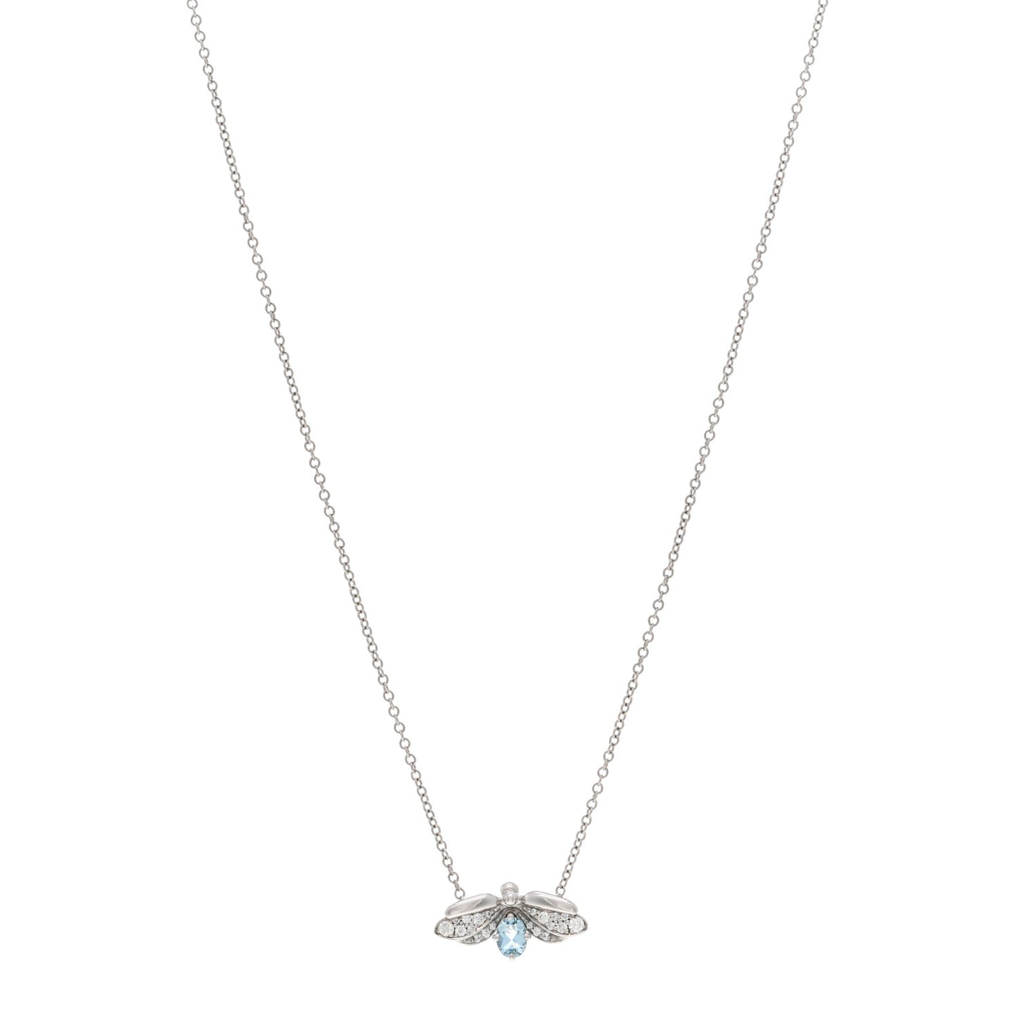Platinum Diamond Aquamarine Paper Flowers Firefly Pendant Necklace