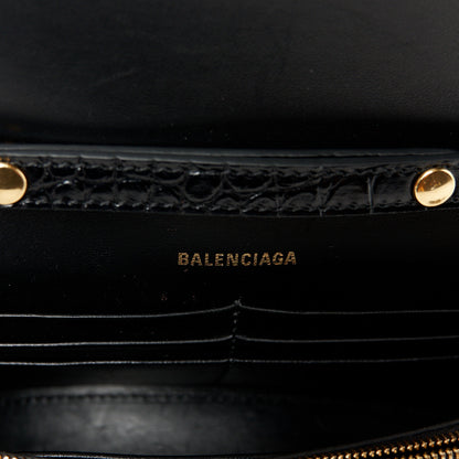 Balenciaga Shiny Calfskin Crocodile Embossed Hourglass Chain Bag Black 6 of 11