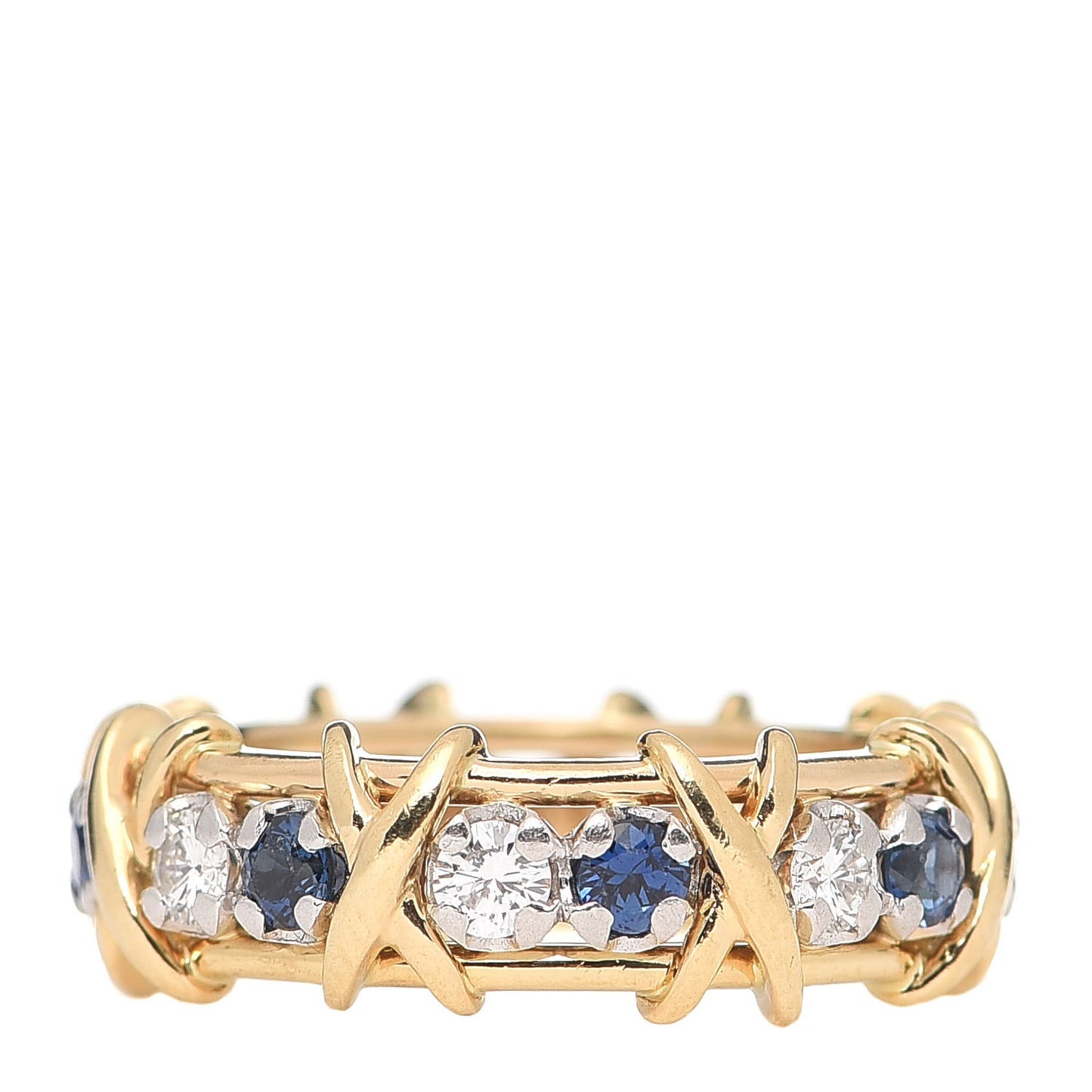 18K Yellow Gold Platinum Diamond Blue Sapphire Schlumberger Sixteen Stone Ring 49 5