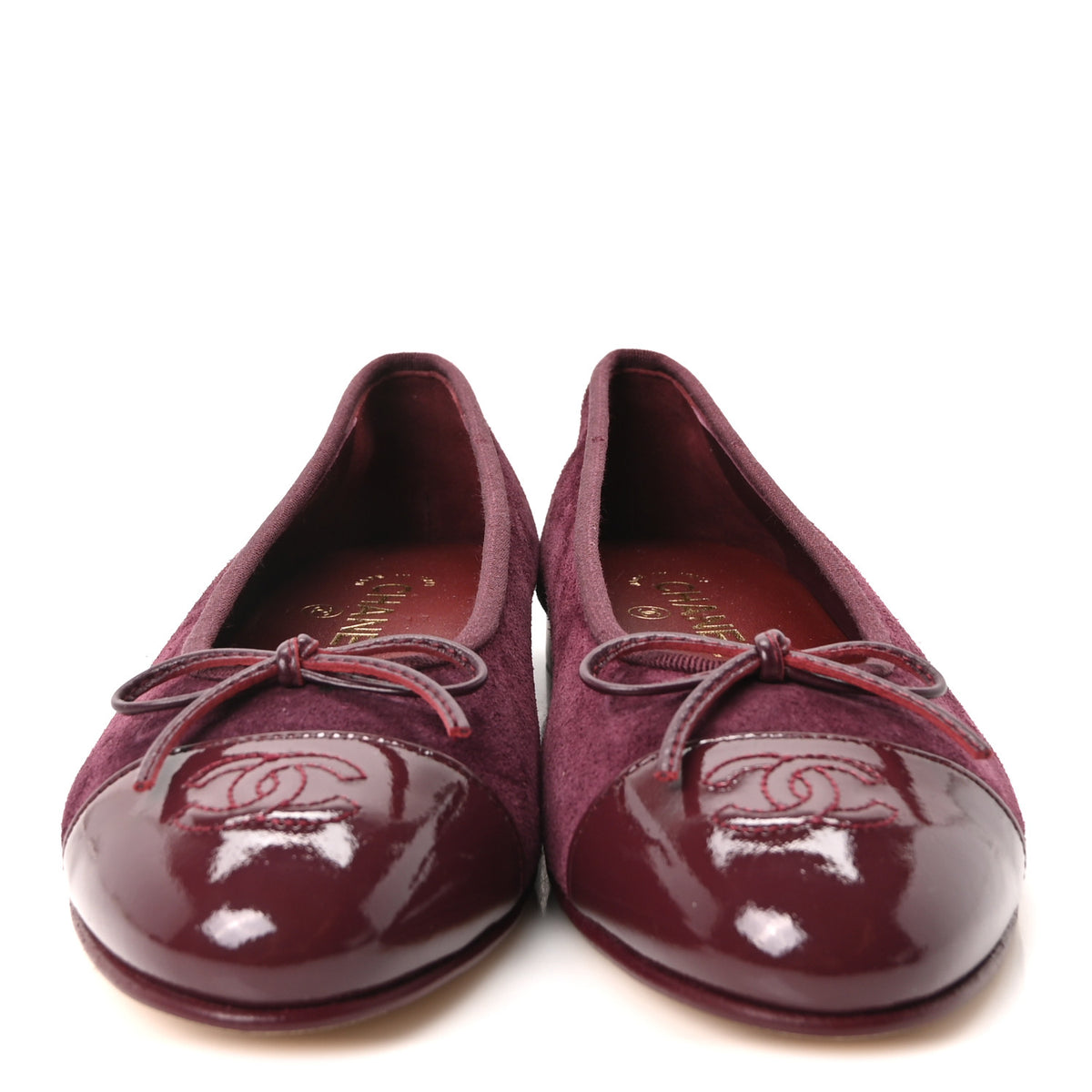 Suede Calfskin Patent Cap Toe CC Ballerina Flats 39 Burgundy