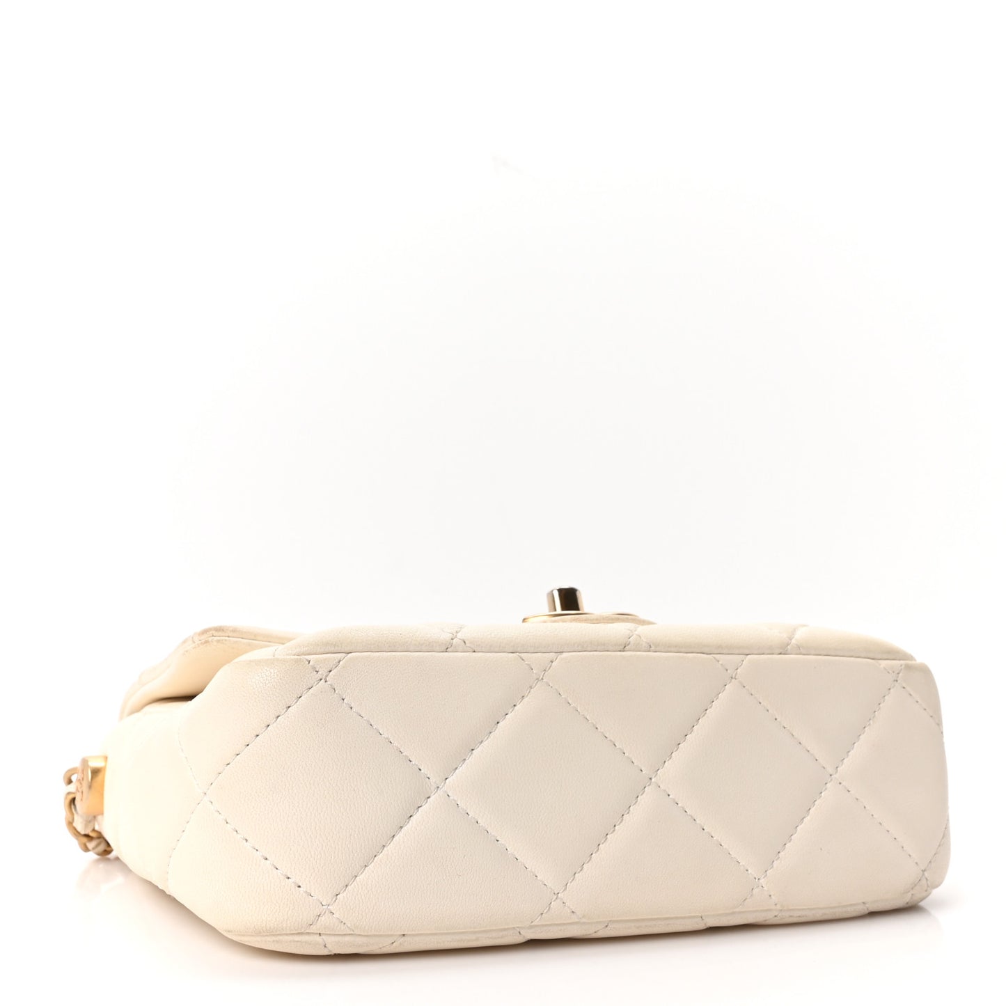 Shiny Lambskin Quilted Pearl Twist Mini Square Flap White