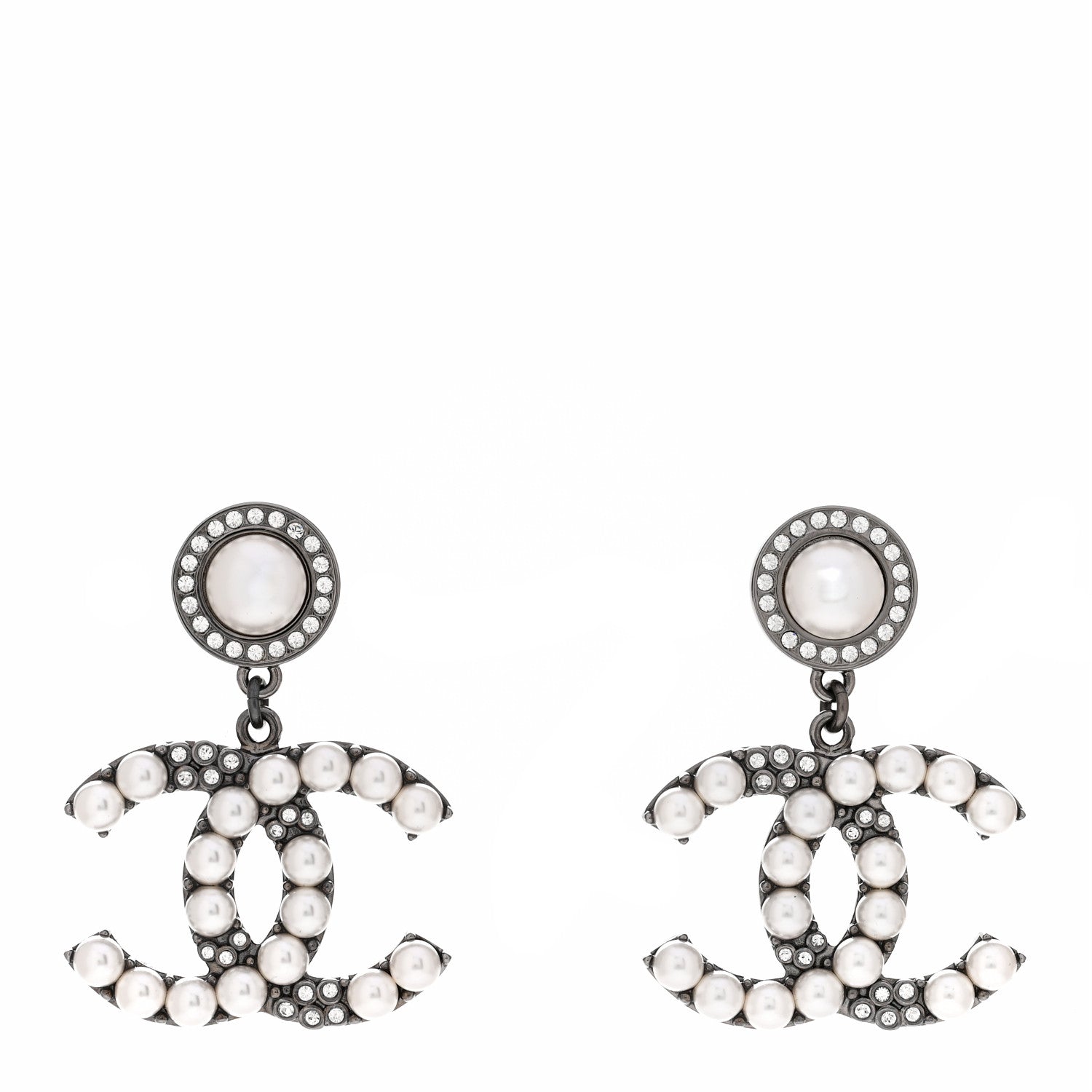 Chanel Pearl Crystal CC Drop Earrings Silver 1 of 5