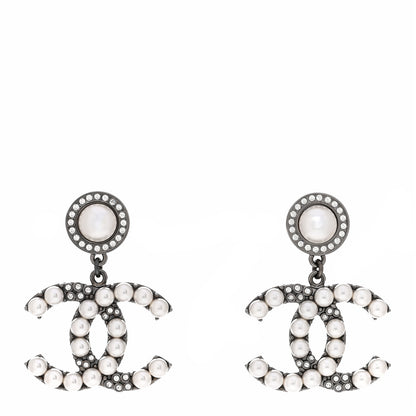 Chanel Pearl Crystal CC Drop Earrings Silver 1 of 5