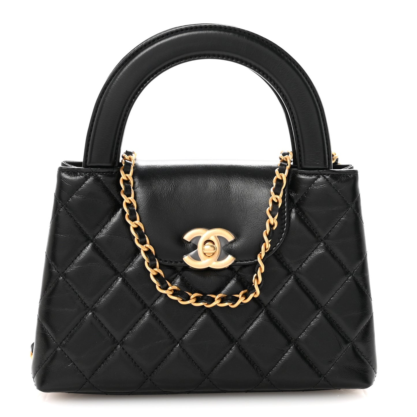 Shiny Aged Calfskin Quilted Nano Kelly Shopper Black