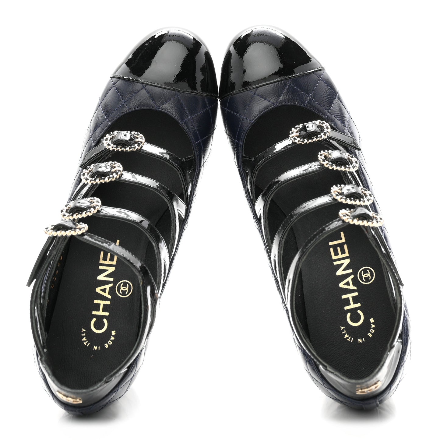 Patent Calfskin Quilted CC Cap Toe Pumps 35 Navy Black