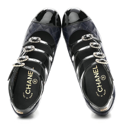 Chanel Patent Calfskin Quilted CC Cap Toe Pumps 35 Navy Black 2 of 10