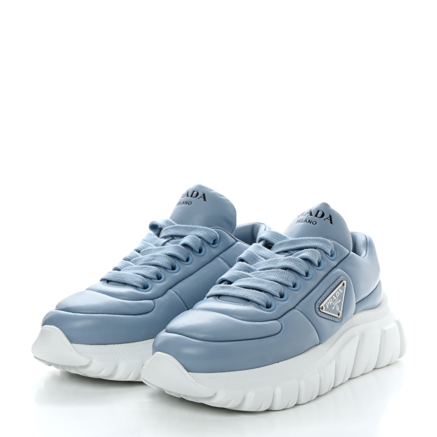 Nappa Soft Metal Triangle Logo Womens Padded 30mm Sneakers 35.5 Celeste