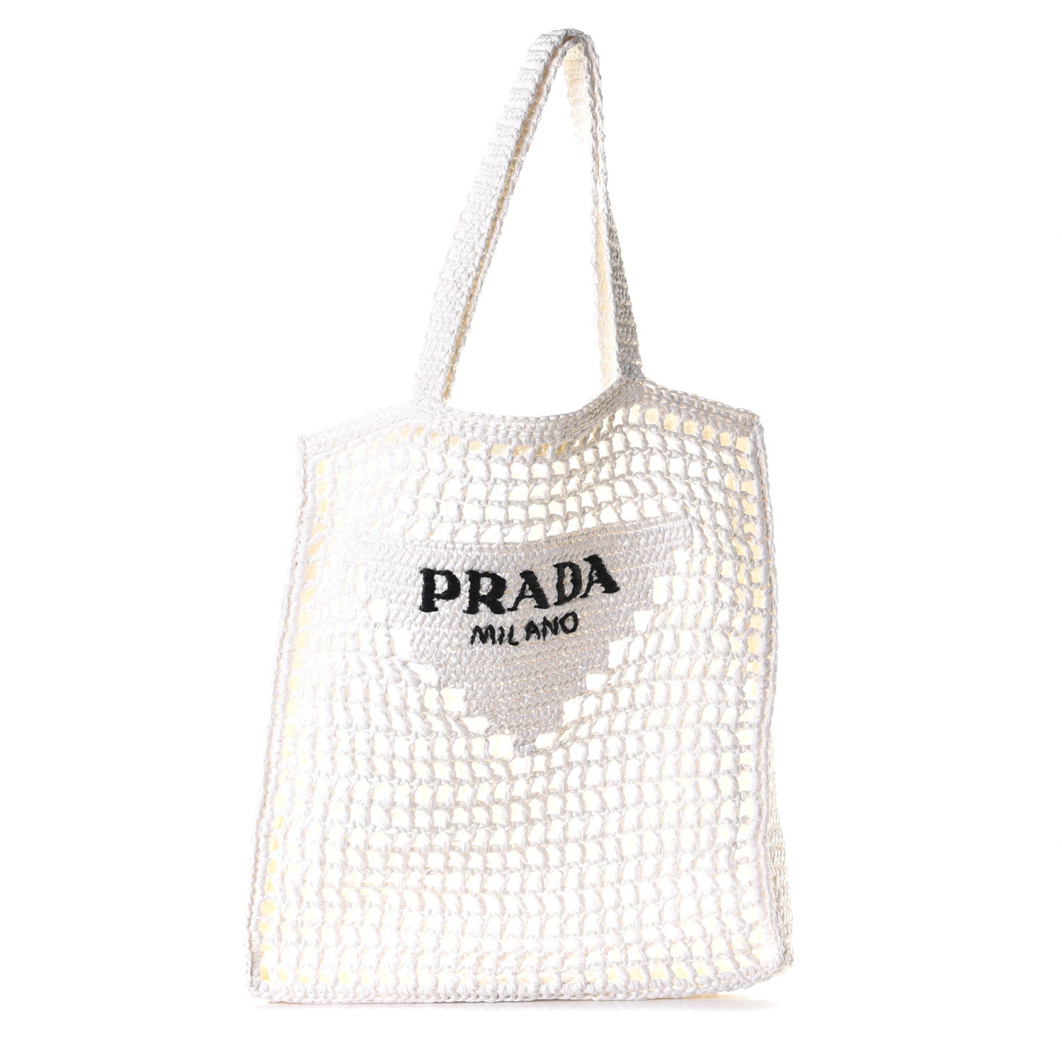 Prada Yarn Raffia Effect Crochet Logo Embroidered Tote Bag White 1 of 4