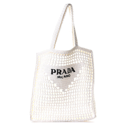 Prada Yarn Raffia Effect Crochet Logo Embroidered Tote Bag White 1 of 4