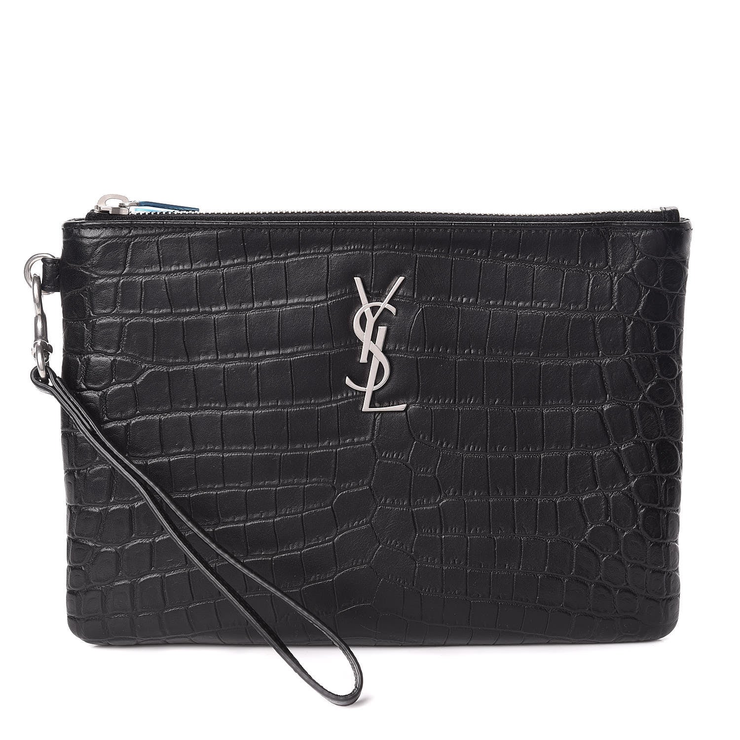 Saint Laurent Calfskin Crocodile Embossed Monogram Zip Pouch Black 1 of 8