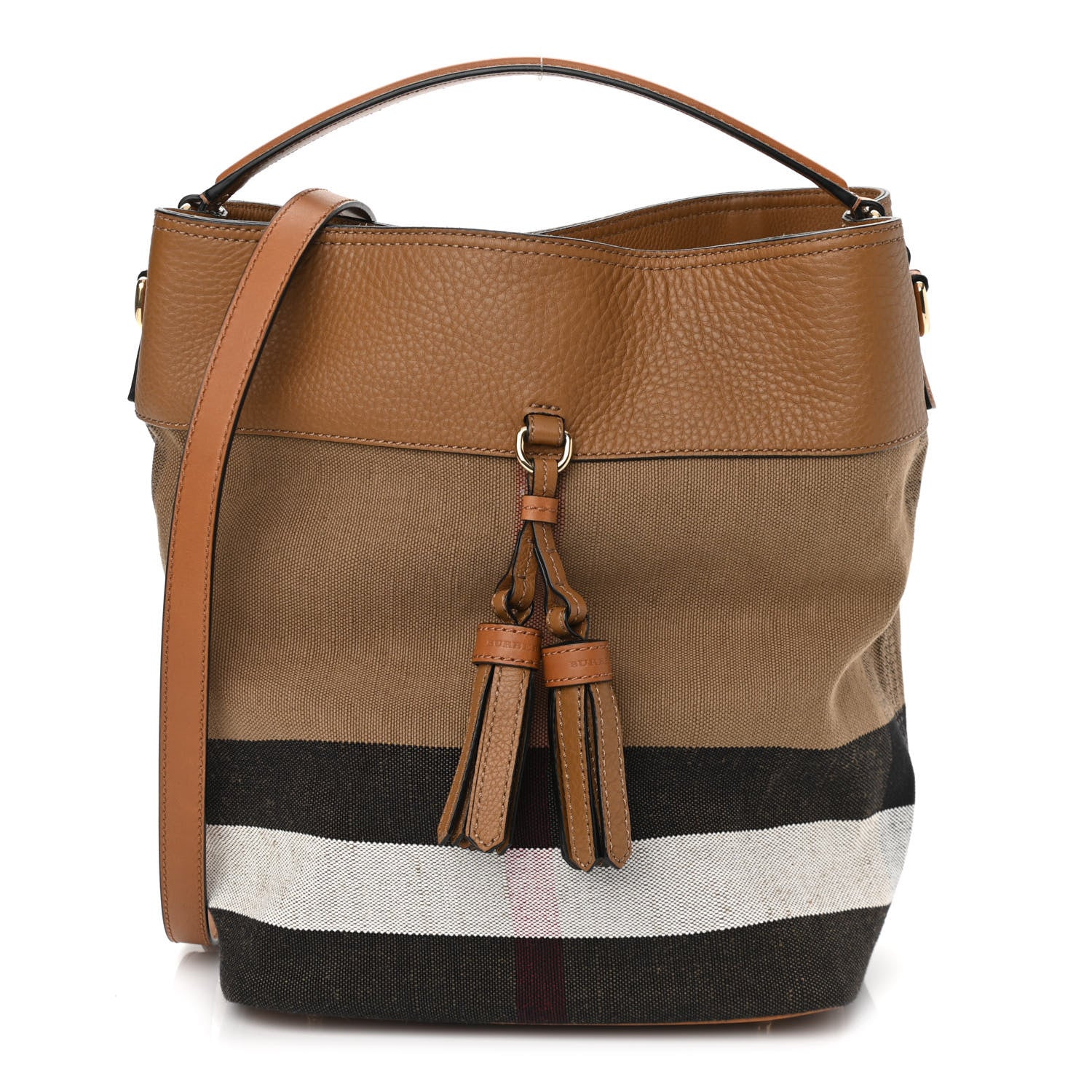 Burberry Grainy Calfskin Canvas Mega Check Medium Ashby Tassel Hobo Saddle Brown 1 of 11