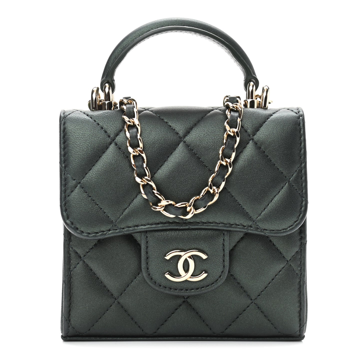 Iridescent Lambskin Quilted Top Handle Clutch With Chain Dark Green