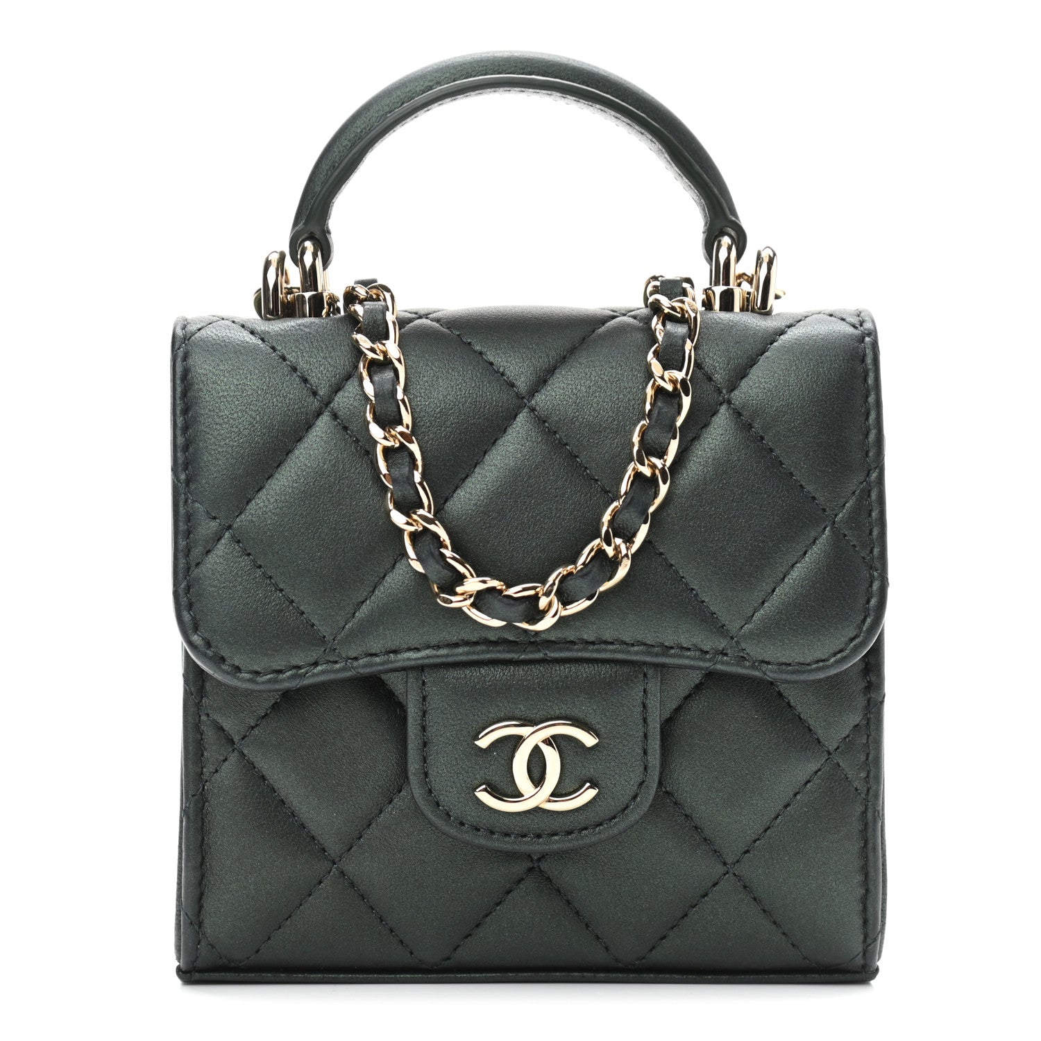 Chanel Iridescent Lambskin Quilted Top Handle Clutch With Chain Dark Green 1 of 11