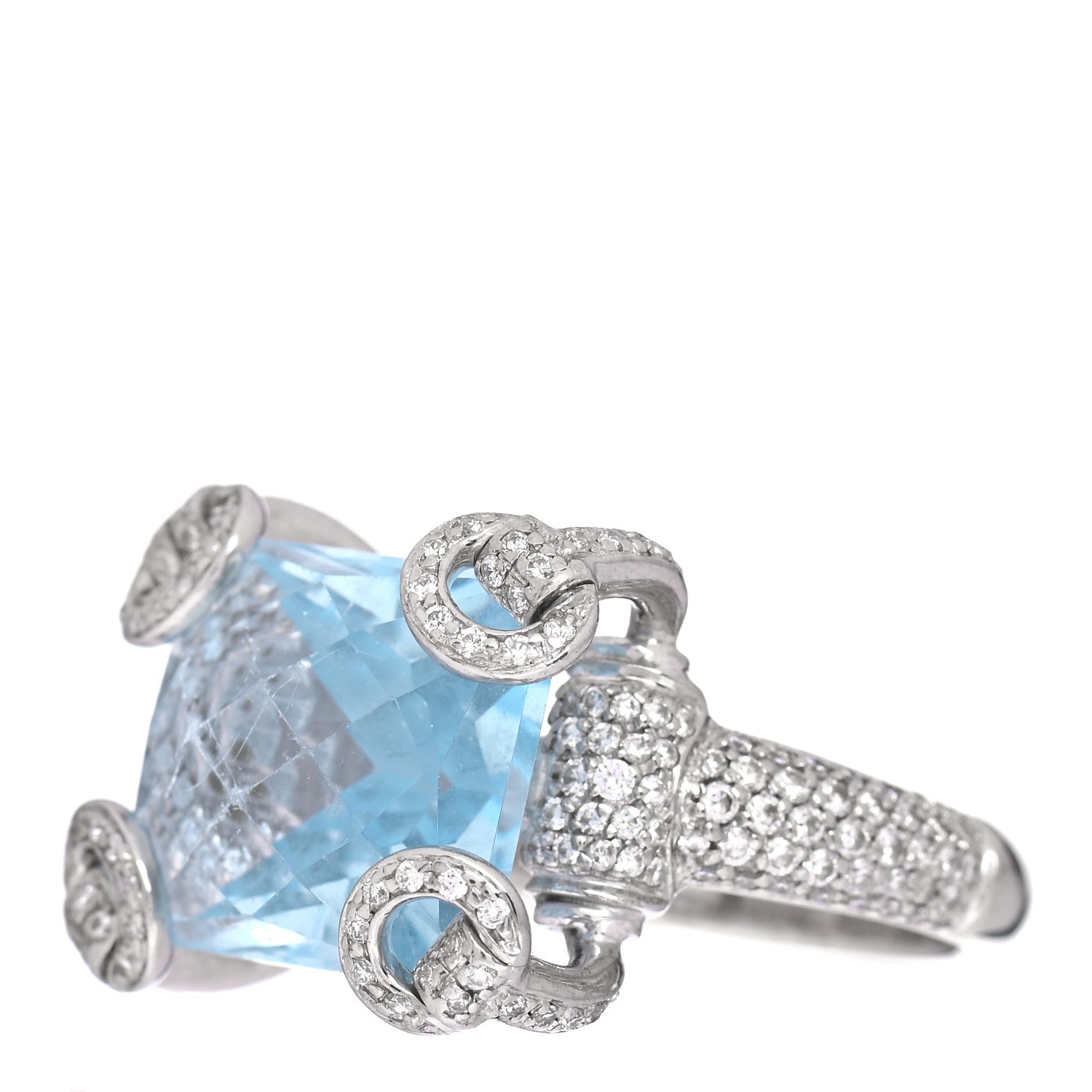 Gucci 18K White Gold Diamond Blue Topaz Pave Horsebit Ring 53 6.5 3 of 6
