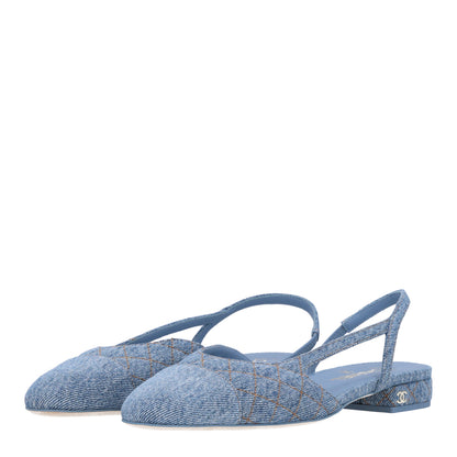 Chanel Denim Quilted Cap Toe CC Slingback Flats 40 Light Blue 4 of 11