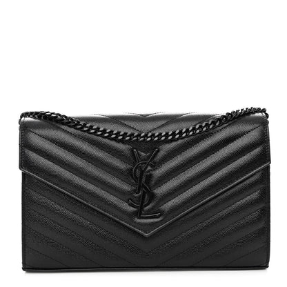 Saint Laurent Grain De Poudre Matelasse Chevron Monogram Monochrome Chain Wallet Black 1 of 9