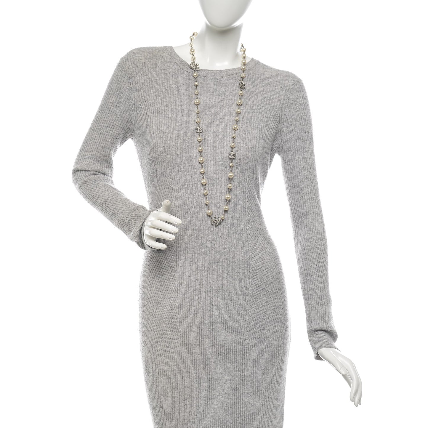 Crystal Pearl CC Long Necklace Silver