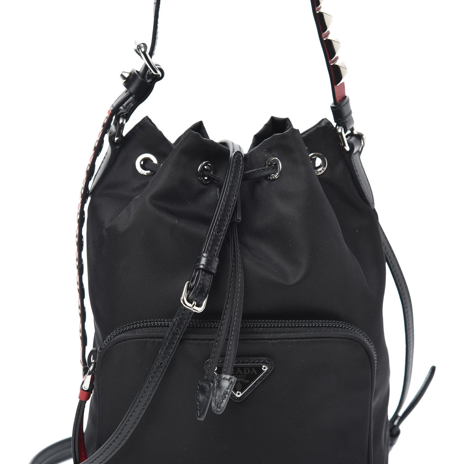 Prada Tessuto Nylon Studded New Vela Mini Bucket Crossbody Bag Black Fuoco 7 of 9