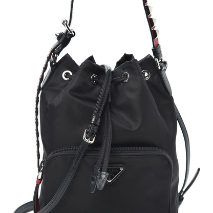 Prada Tessuto Nylon Studded New Vela Mini Bucket Crossbody Bag Black Fuoco 7 of 9