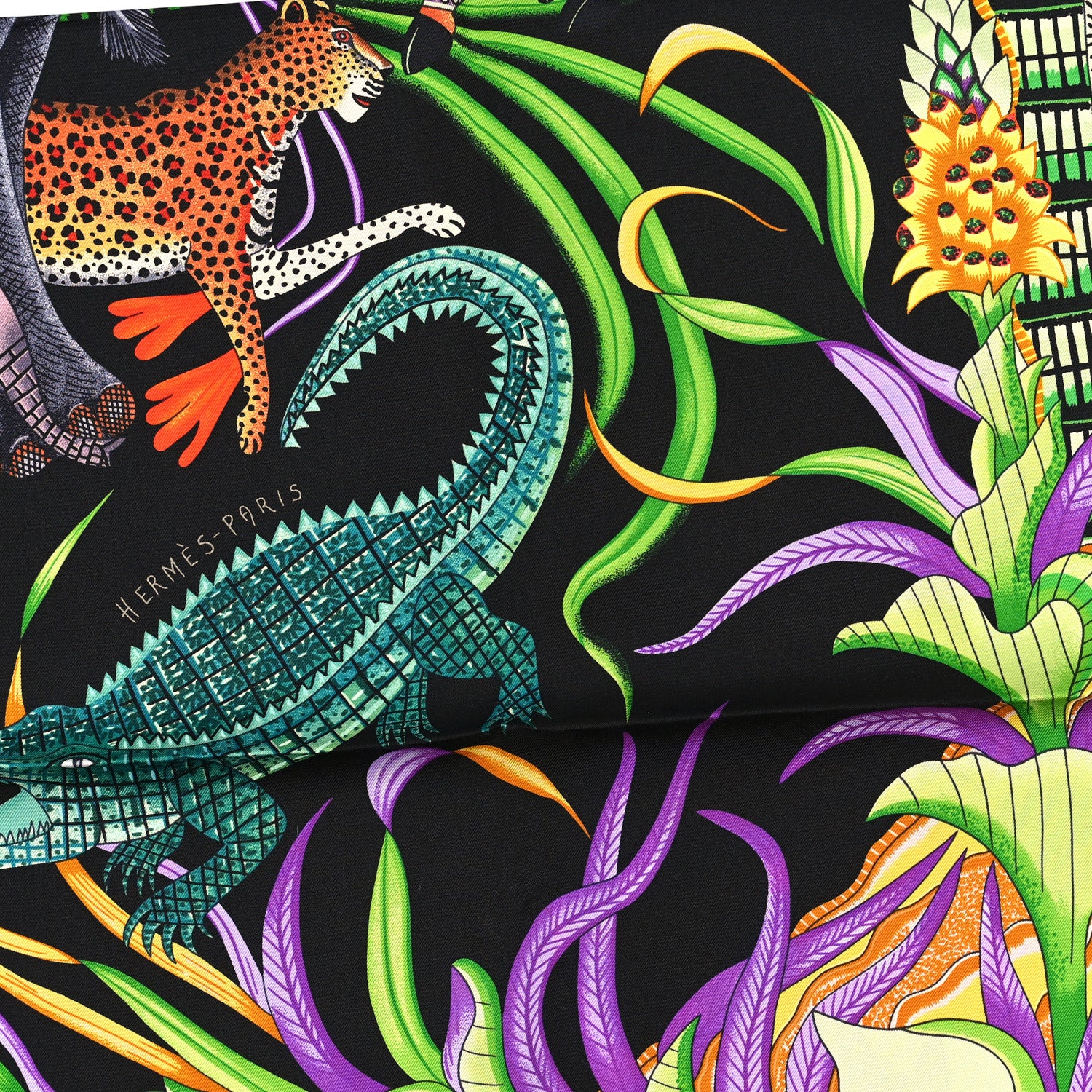 Hermes Silk La Marche Du Zambeze Scarf 90 Black Corail Vert 2 of 3