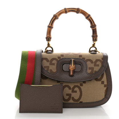 Gucci Monogram Jumbo GG Textured Dollar Calfskin Web Small Bamboo 1947 Top Handle Bag Camel Ebony New Acero 3 of 10