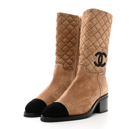 Chanel Suede Quilted CC High Boots 38.5 Dark Beige Black 3 of 9