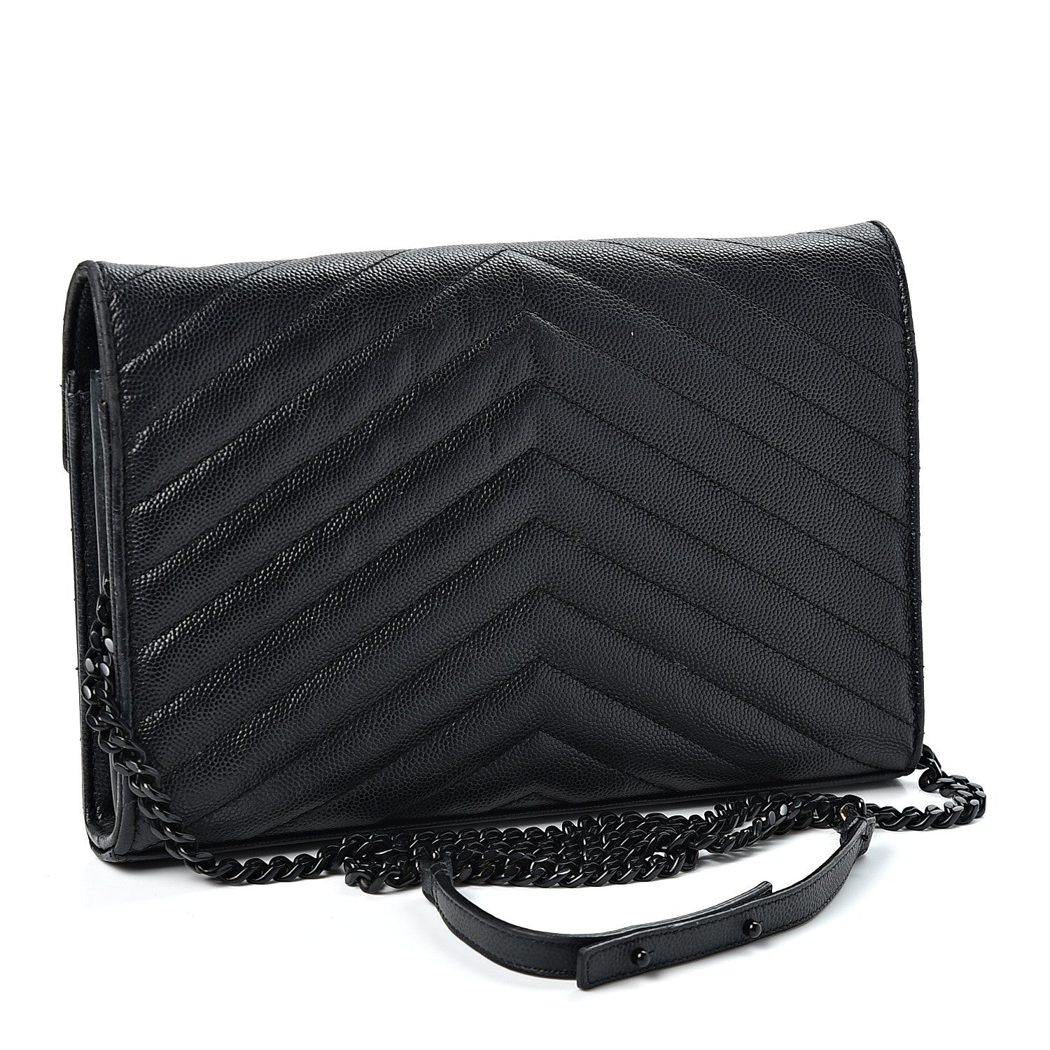 Saint Laurent Grain De Poudre Matelasse Chevron Monogram Chain Wallet Black 2 of 8