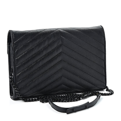 Saint Laurent Grain De Poudre Matelasse Chevron Monogram Chain Wallet Black 2 of 8