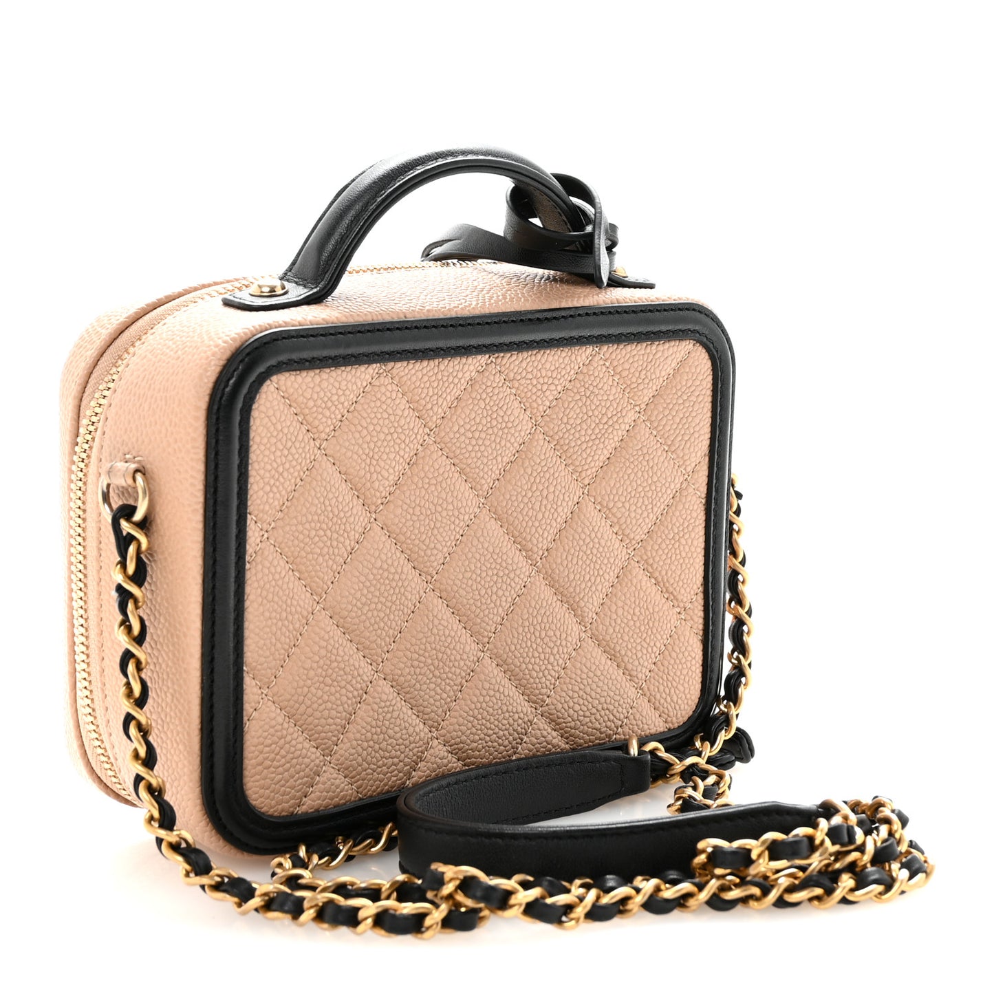 Caviar Quilted Small CC Filigree Vanity Case Beige Black
