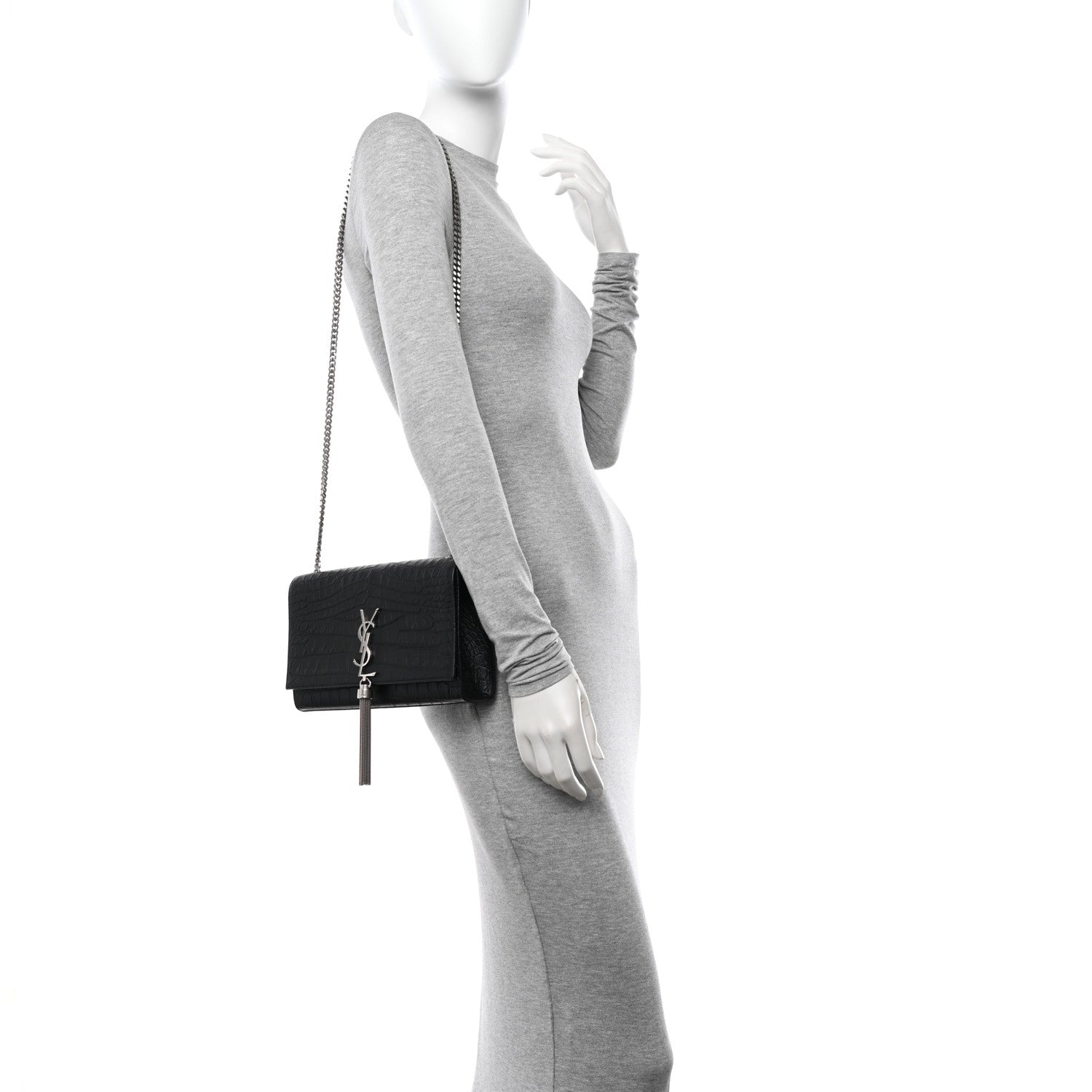 Saint Laurent Calfskin Crocodile Embossed Medium Classic Monogram Kate Tassel Satchel Black 2 of 9