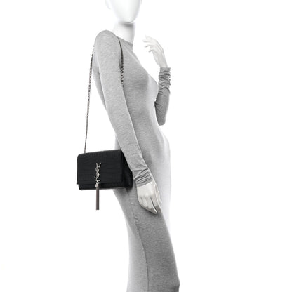Saint Laurent Calfskin Crocodile Embossed Medium Classic Monogram Kate Tassel Satchel Black 2 of 9