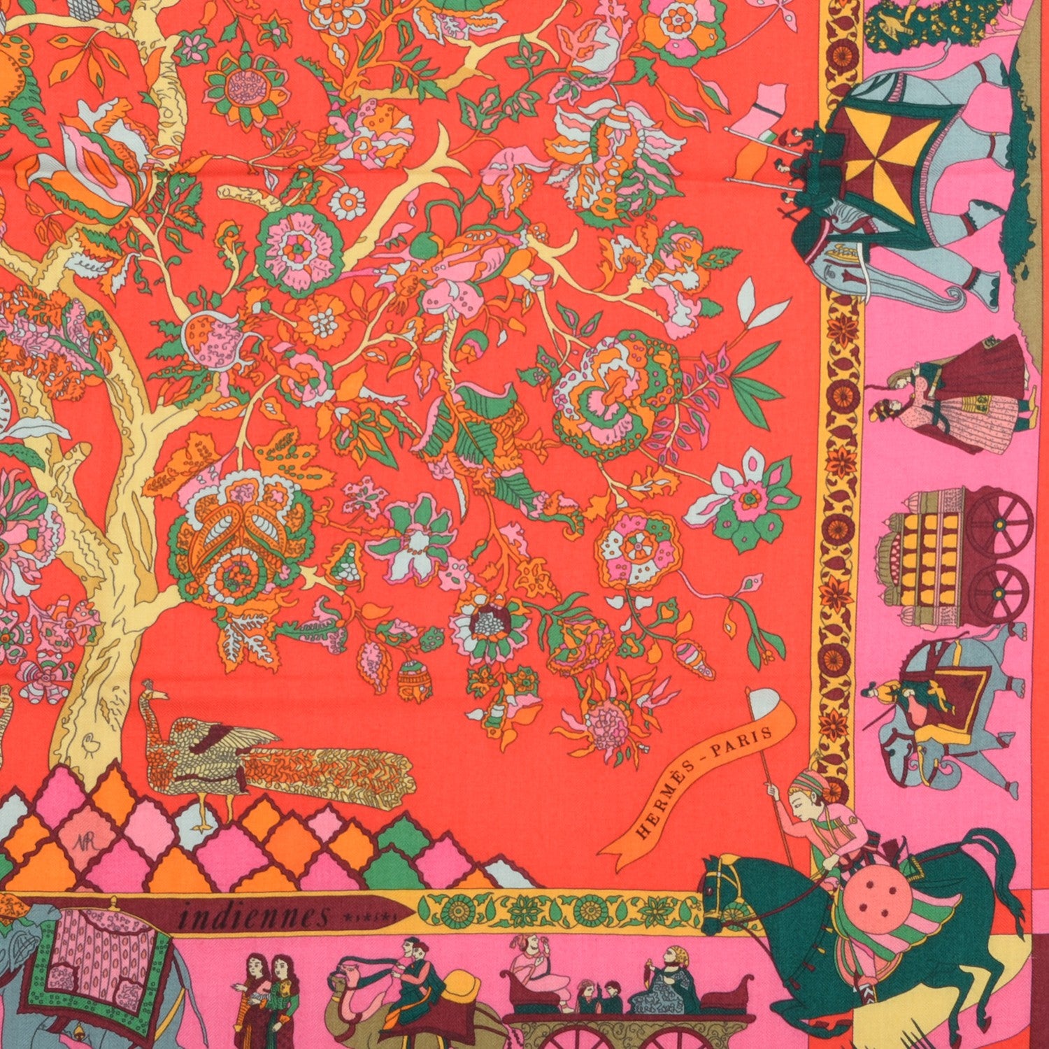 Hermes Silk Cashmere Fantaisies Indiennes Scarf 90 Rouge Rose Vif Vert 3 of 7