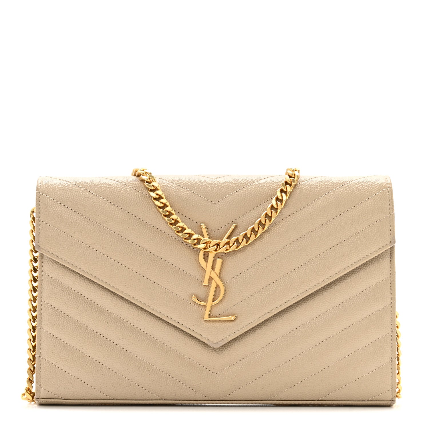 Saint Laurent Grain De Poudre Matelasse Chevron Monogram Chain Wallet Dark Latte 1 of 15