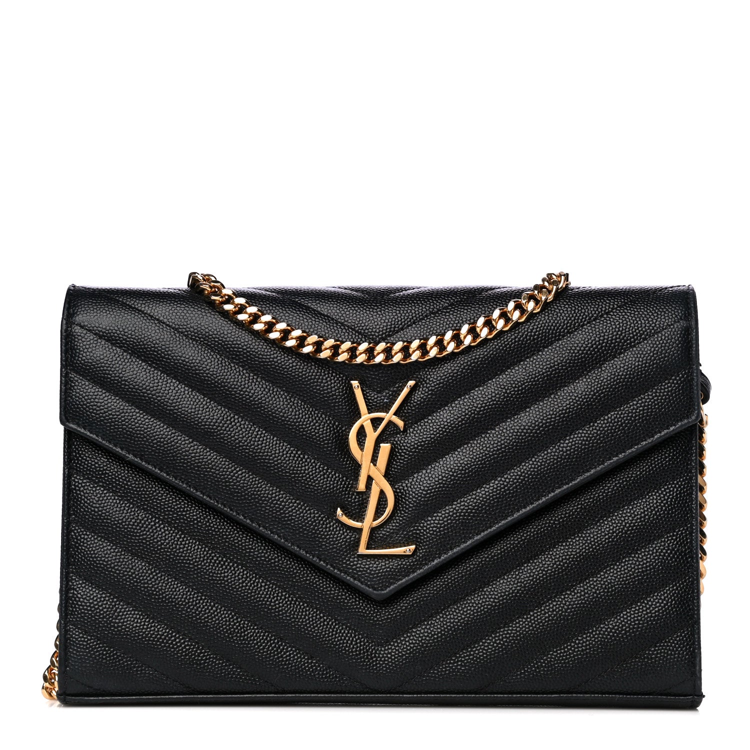 Saint Laurent Grain De Poudre Matelasse Chevron Monogram Chain Wallet Black 1 of 12