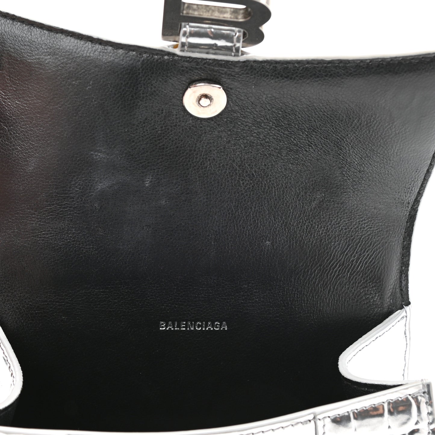 Metallic Calfskin Crocodile Embossed Hourglass Top Handle Bag XS Silver