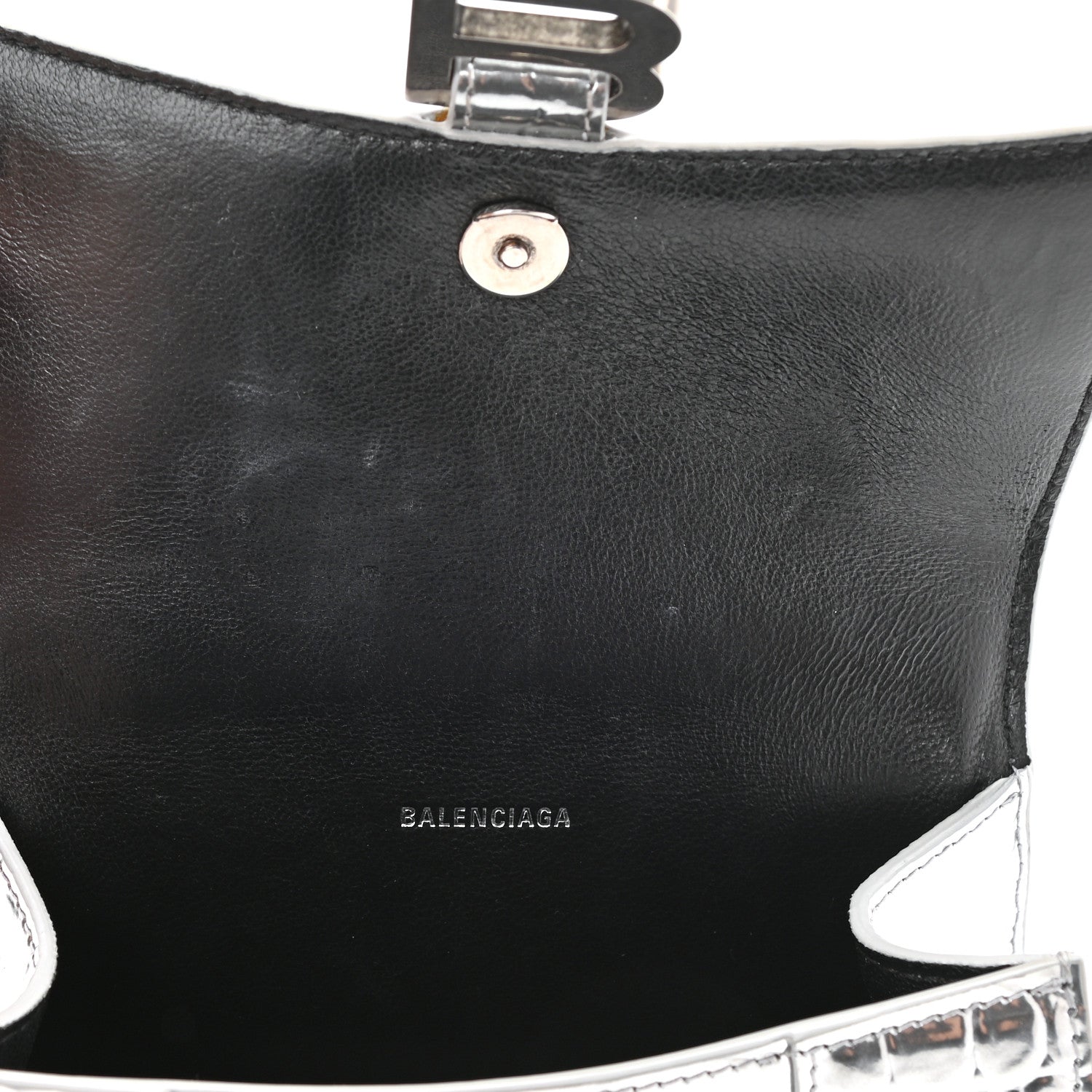 Balenciaga Metallic Calfskin Crocodile Embossed Hourglass Top Handle Bag XS Silver 7 of 8