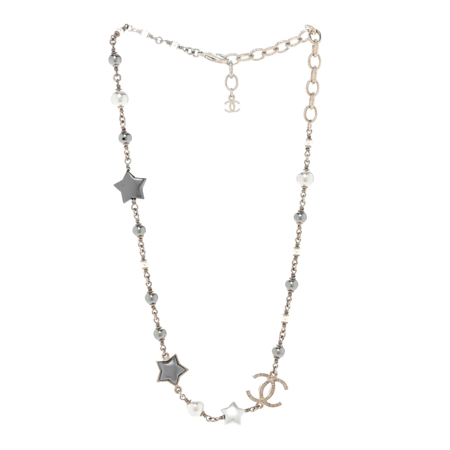 Metal Resin Pearl Star CC Necklace Silver