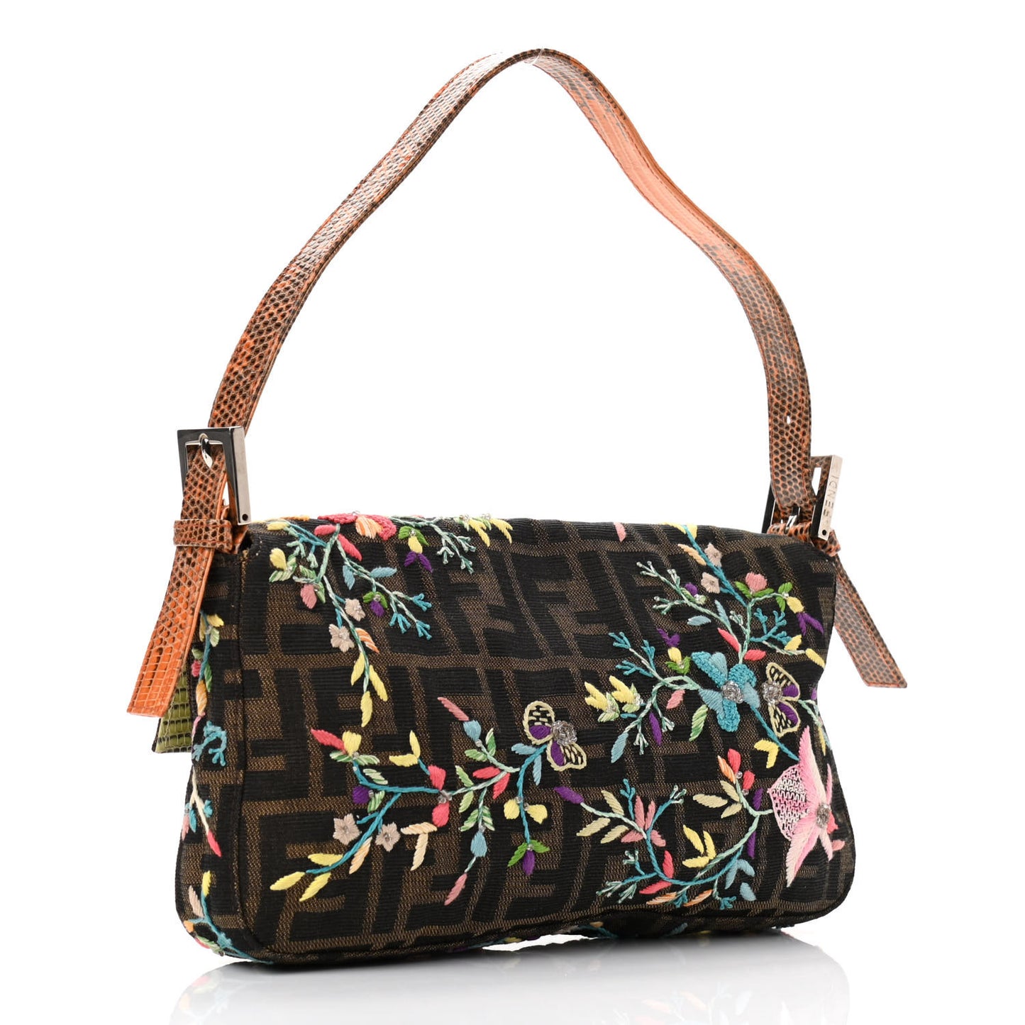 Lizard Zucca Floral Embroidered Baguette Tobacco Multicolor