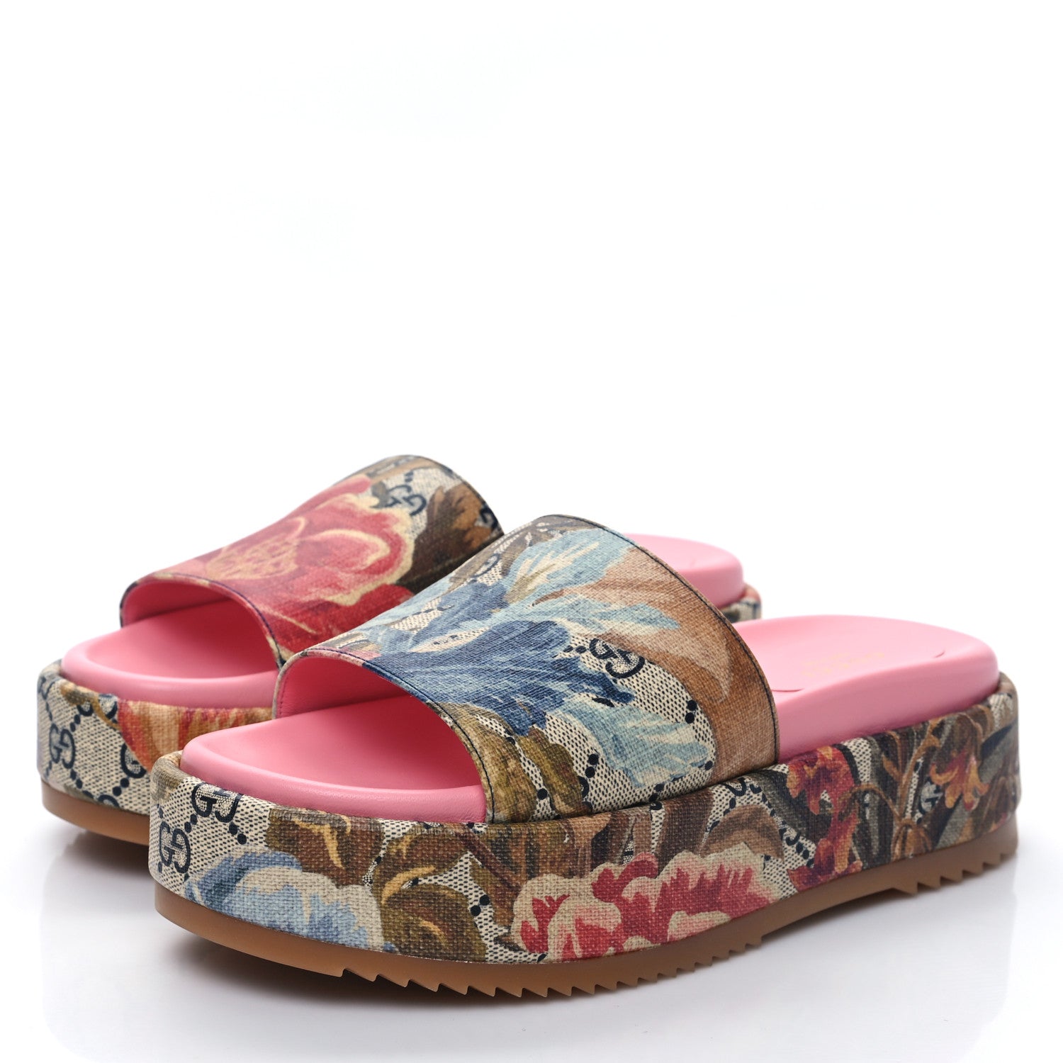 Gucci GG Supreme Monogram Water Flora Angelina Platform Slide Sandals 37 Beige Blue Multicolor 3 of 8
