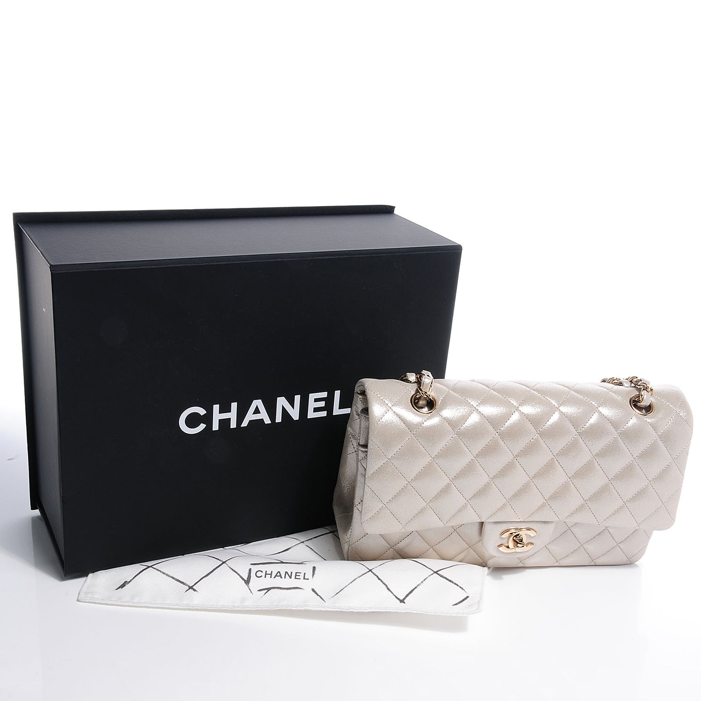Iridescent Calfskin Medium Double Flap Light Gold