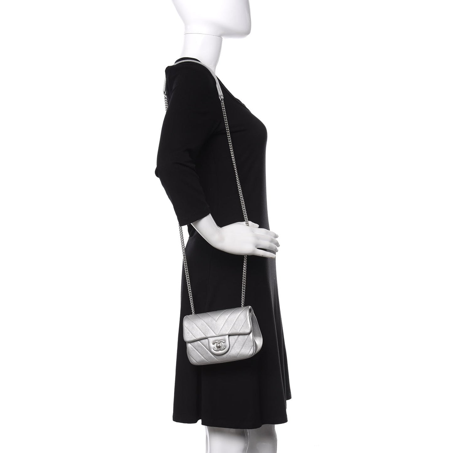 Metallic Lambskin Chevron Quilted Mini Flap Silver