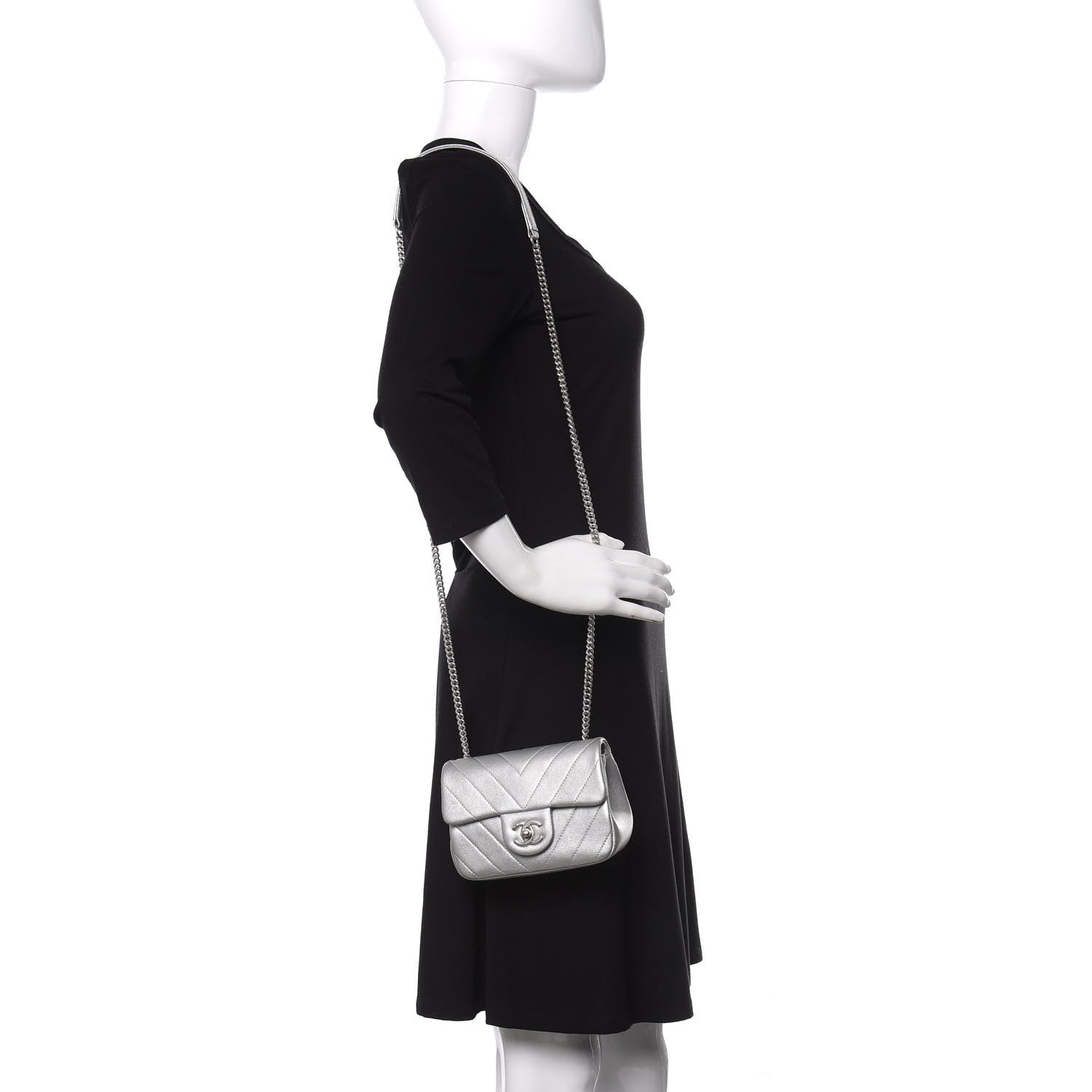 Chanel Metallic Lambskin Chevron Quilted Mini Flap Silver 2 of 10