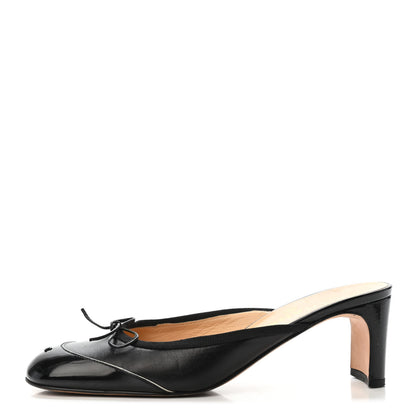 Chanel Lambskin Patent Cap Toe Bow CC Mules 37.5 Black 1 of 4