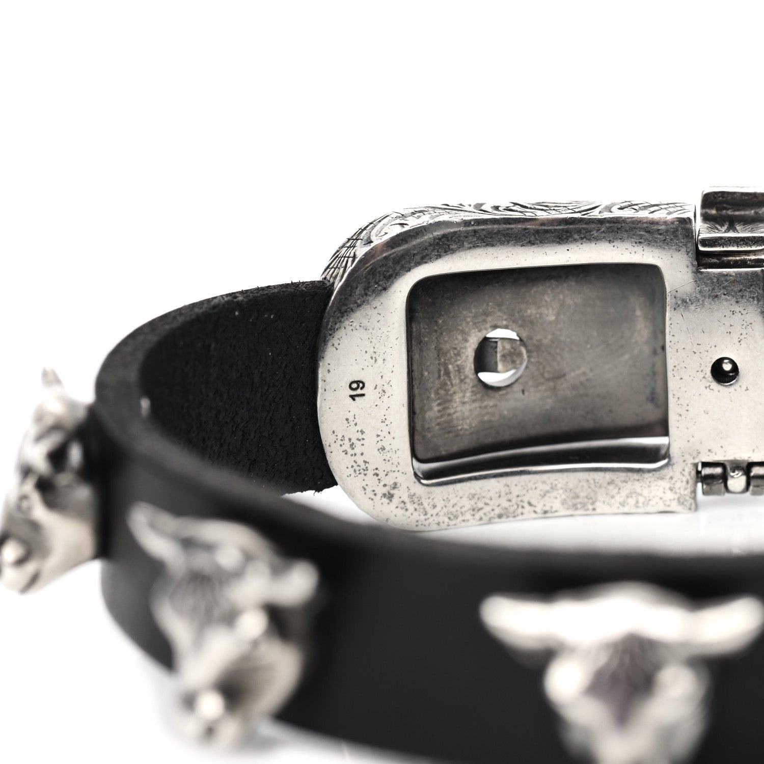 Gucci Sterling Silver Leather Anger Forest Bulls Head Bracelet 4 of 5