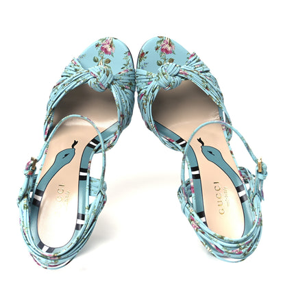 Gucci Malaga Kid Floral Print Knotted Allie Sandals 37 Aquamarine 2 of 9