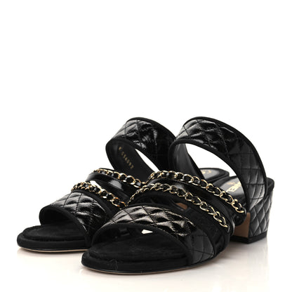 Chanel Distressed Patent Quilted Chain Mule Sandals 37.5 Black 3 of 9