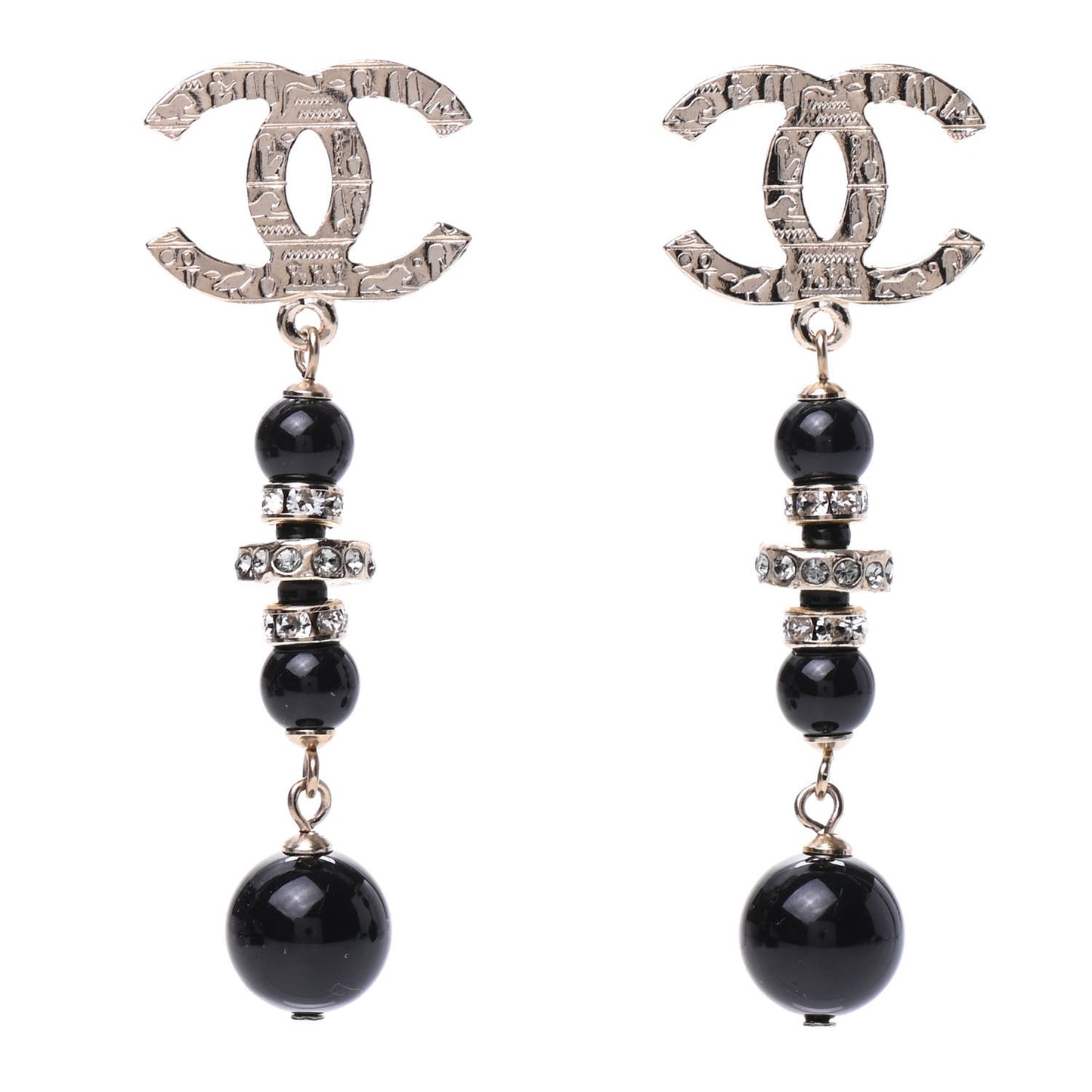 Crystal Bead Scarab CC Drop Earrings Gold Black